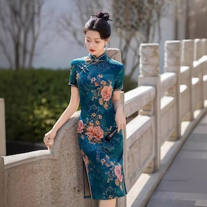 New China Cheongsam, Classic Jacquard Flower Blue Qipao,Tea Ceremony, Mother Gown Dress for Wedding, Size M-5XL