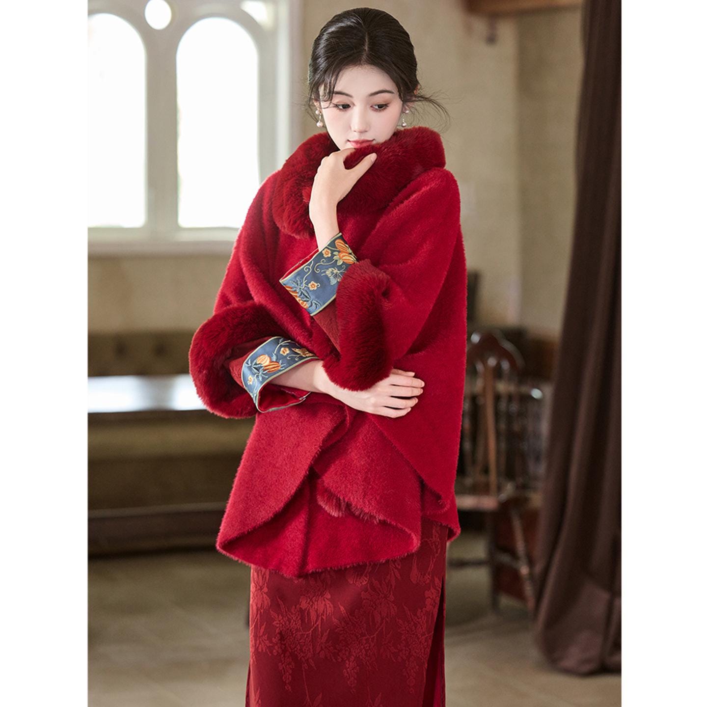 m*u様 Chieko + long cape チエコプラス 新品未使用 CNY Christmas Chinese Qipao Cape, Elegant Cheongsam Cloak, Bridal