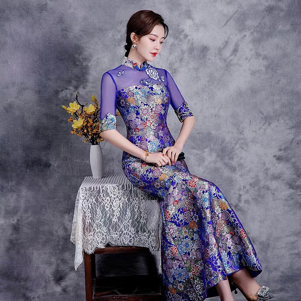 Premium Made Vintage China Cheongsam in voller Länge in Blau / Schwarz Bühnenkostüm, Braut / Host Qipao Kleid