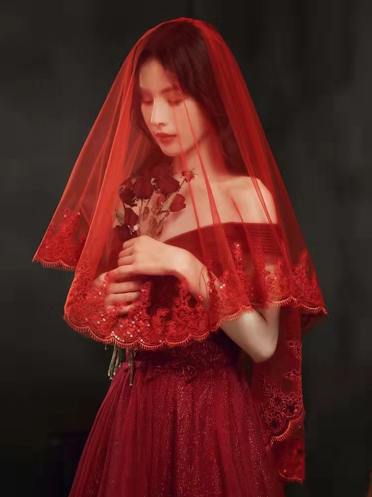 Chinese Bridal Red Cover-up, Bridal Transparent Veil With Comb