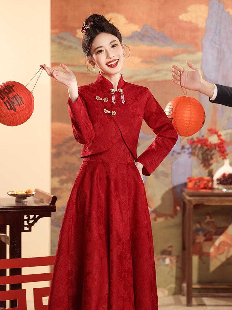 Chinese Bridal Red Qipao Gown 2PCS, China Bride Wedding Dress, Evening Toast Suit, Classical Design, Wine Red Bridal Slip Dress+ Top
