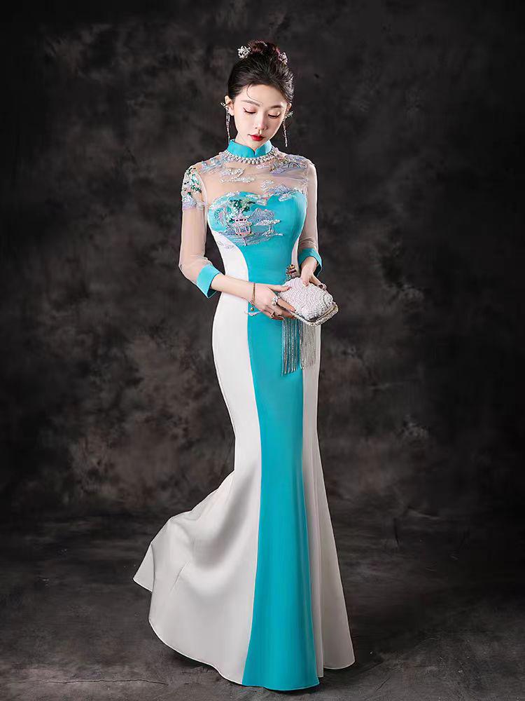 Premium Made Full Length Vintage China Cheongsam in White and Blue