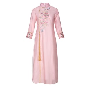 Modern China Loose Cheongsam, Vintage Lady Aodai Qipao Dress, Tea Ceremony Prom, CNY Embroidery Floral, Color Pink & Beige