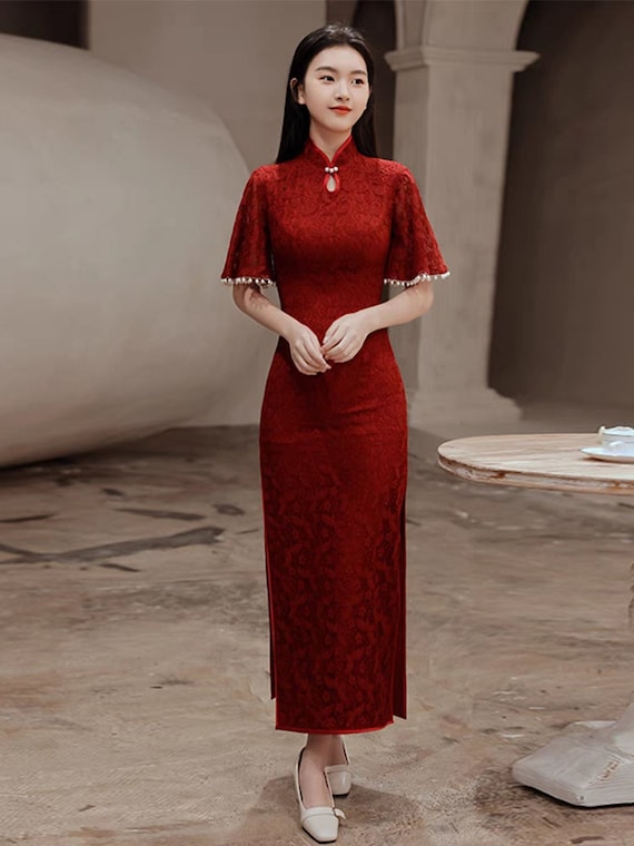 Custom Size Able China Red Wedding Cheongsam, Chinese Bridal Qipao, Wedding Lace  Gown, Brideal Toast Dress, Trumpet Sleeves - Etsy