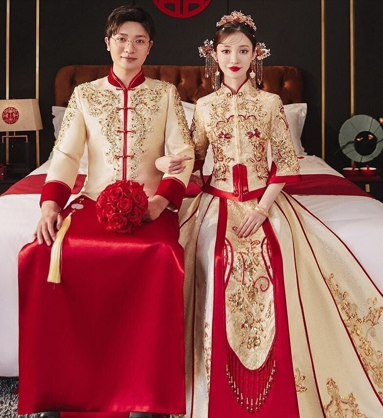 Premium Cutting Champagne+ Red Traditional Chinese Wedding Xiuhe Dress, Both Groom And Bridal Dress Top and Skirt, 2 Piece Tang Wedding