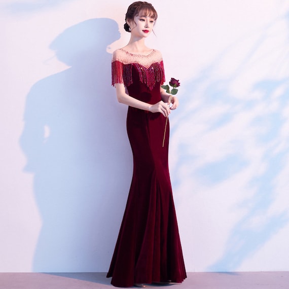 Red Mermaid Gown | Tassel Evening Dress, Wedding Toast Suit - Etsy