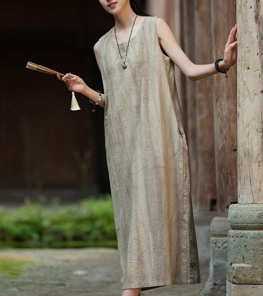 china linen dress Chinese Style Women Cotton Linen Long Dress New Arrival 2025 Spring Vintage Stand Collar Loose Female Casual Dresses M1602