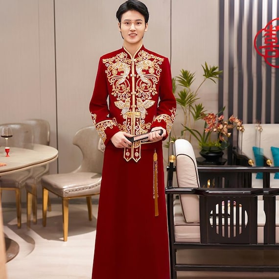 未開封SHISHIKUI boda / RED×WH Sサイズ即日発送可 Gorgeous Golden Red Satin XiuHe Suit Traditional Chinese