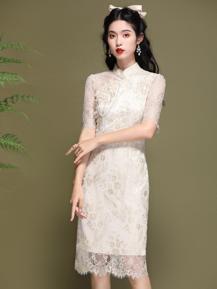 Doveyaf New Lace Qipao Dress, Summer Chinese Cheongsam, Solid Pattern,  Premium Quality for Tea Ceremony - Etsy