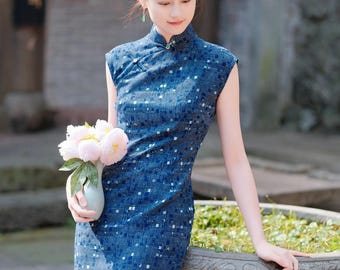 Vintage Navy Blue and Gold Floral Silk Blend Qipao Cheongsam Dress Size  Medium - Etsy