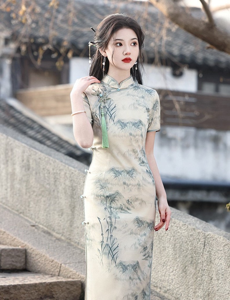 Nouvel été Chine Cheongsam femme, Qipao paysage imprimé Chine classique, S-3XL image 9