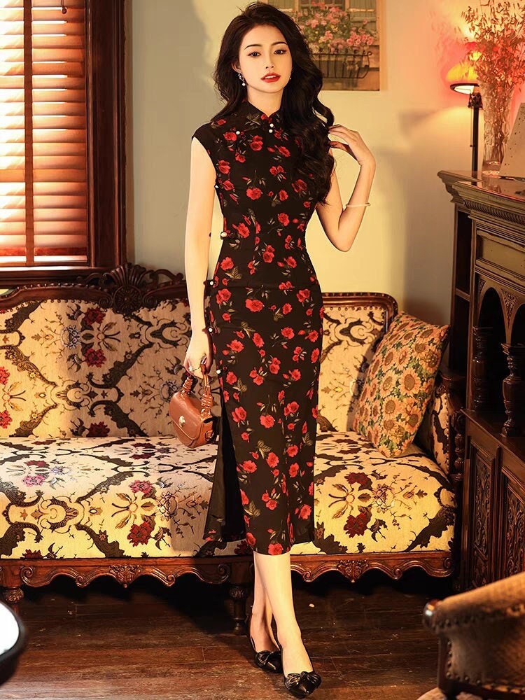 thumbnail image 2 of GLD Chinese Red Cherry Blossom Black Short Cheongsam Qipao – Satin, Mandarin Collar, Petite, Party Cocktail Dress 2 of 5