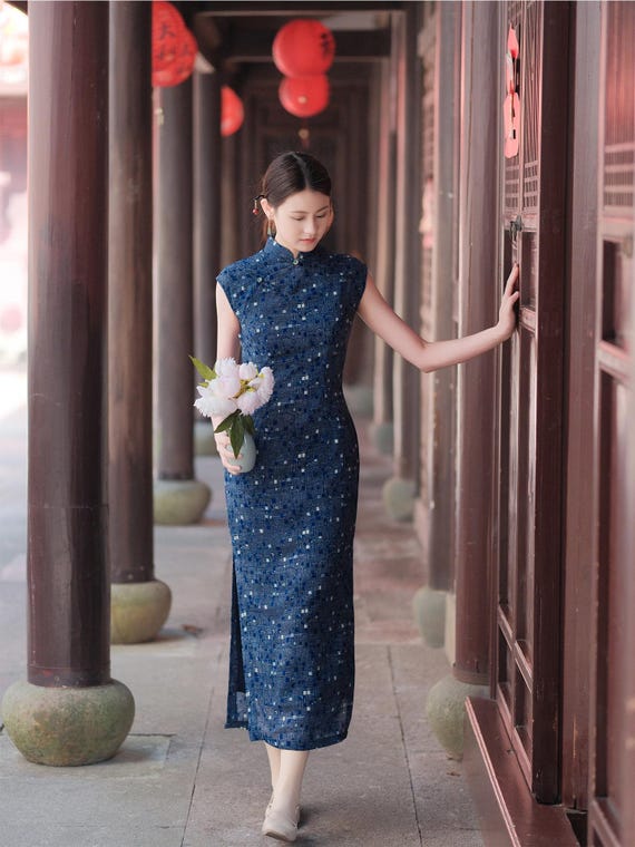 blue china print dress Elegant Cheongsam Dress: Button Open Vintage Chinese Qipao Style, Mid-calf Length SHEIN Privé Women's White ca_tree_clothing_dresses_mini_dresses h&m blue and white floral dress The oil painting Size:M/L - 7.5