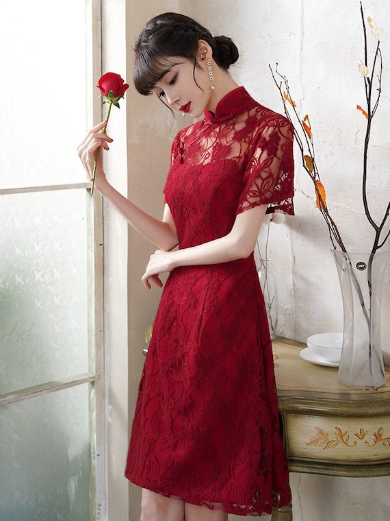 red lace chinese dress Heavy China Dark Wine Red Wedding Lace Qipao Gown Dress, Engagement Bridal Lace Dress, Hollow Back Design, Mid Calf, Pearl Necklace