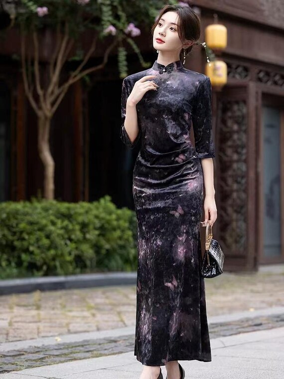 winter cheongsam dress New Startrek Space Seris Chinese Fall Christmas Qipao Outfit, Lunar New Year Tang Purple Dress, Well Stretchy Size S-2XL All Swimwear PRODUCT DETAILS Jacquard floral Size:7 1/2- 9 Ladies Long Dress, Maxi