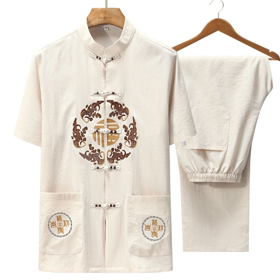 Men's Linen Blend Tang Suit, Embroidered Hanfu, Father's Gift