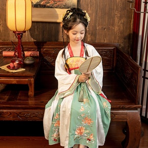 Heavy Set 3-16 Years' Kid Chinese Hanfu Tang Dress long Sleeves, Baby Girls Costume, Autumn Dress, Vintage Fairy tale,Embroidery Ru Skirt