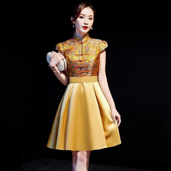 Premium Made China Cheongsam Host Gown In Yellow |Above Knee High Waisted | Prom Dress
