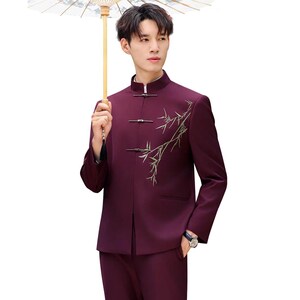 Chinese Groom Xiuhe Suit, Heavy Embroidery Wedding Outfit, Man Zhongshan Suit Black Design F-Purple Suit