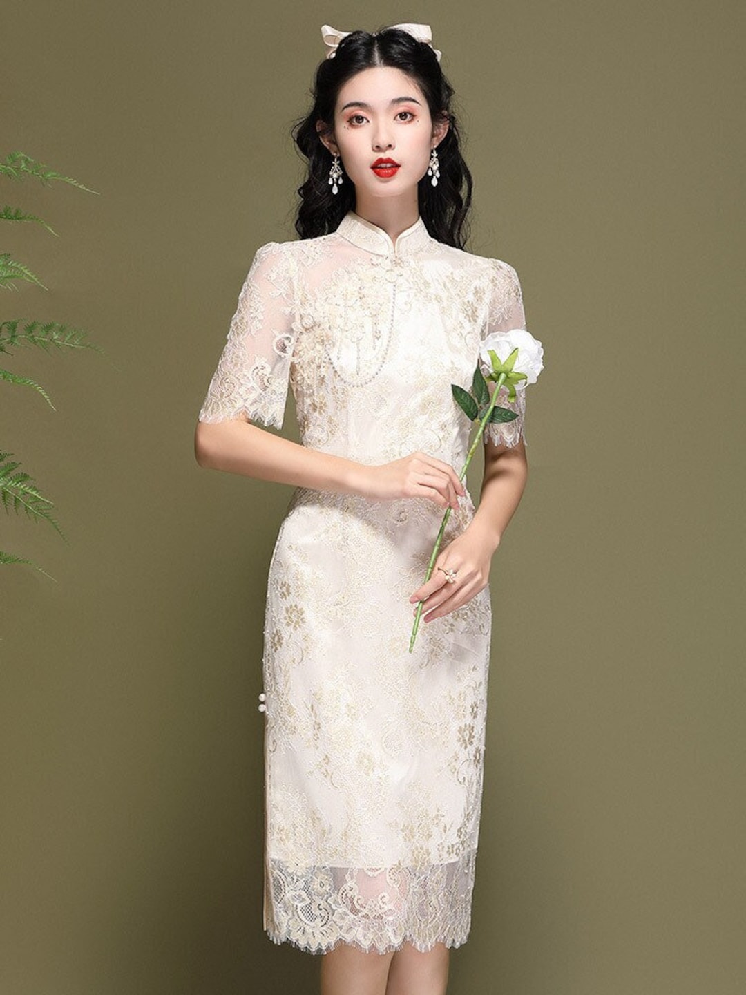 cheongsam lace dress Doveyaf New Lace Qipao Dress, Summer Chinese Cheongsam, Solid Pattern,  Premium Quality for Tea Ceremony