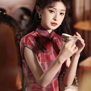 New Spring Summer Chinese Cheongsam Dress, China Pink Red Qipao Pankou Closure, HK Style 半开襟Size S-4XL