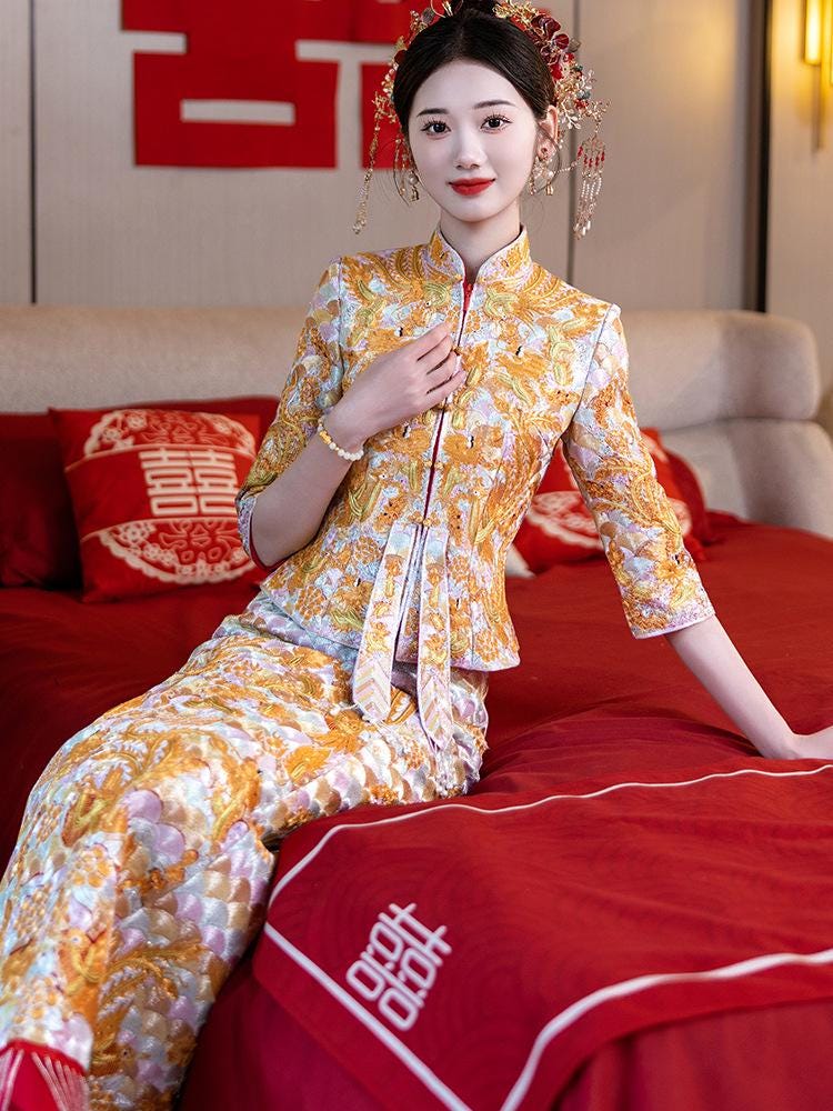 Exceptional High Quality Design, Traditional Chinese Bridal Royal Golden Luxury Wedding Xiuhe Gown Dress, Embroidery Pattern, Top +Skirt