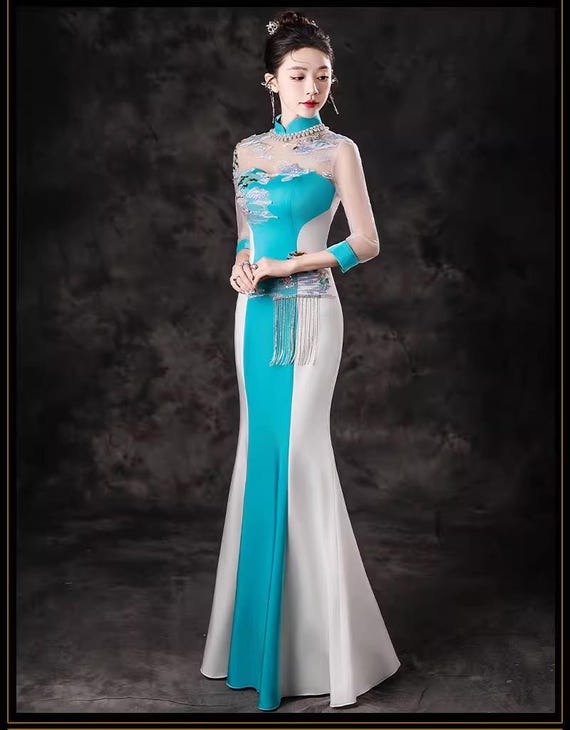blue and white china dress Premium Made Full Length Vintage Cheongsam in Stage Display Costume, Cannes Film Festival Award Ceremony Gown Mermaid Chinese hanfu Size:2XL (18) VENDOR COLOR-CHAMBRAY The most flattering black Usually 5