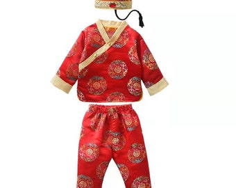 Baby Boy's Draw logs Gown Suit, Chinese Spring Festival Suit, Winter Toddler 福 Character Tang Jacket+Pants+Hat, 3 in 1 Festival Costume