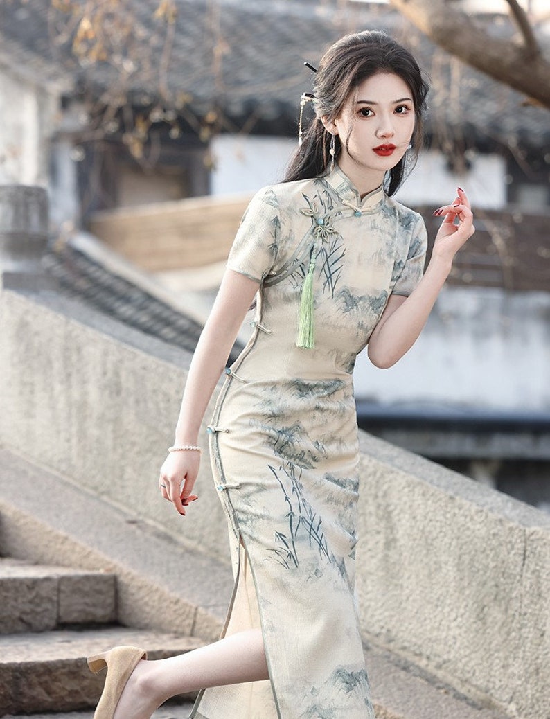 Nouvel été Chine Cheongsam femme, Qipao paysage imprimé Chine classique, S-3XL image 3