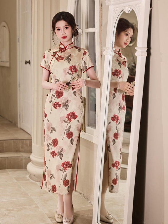 SHANGHAI TANG シルク チャイナドレス 黒×パープル 66A 高級シルク