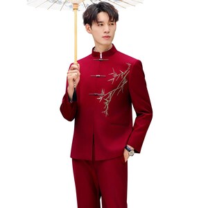 Chinese Groom Xiuhe Suit, Heavy Embroidery Wedding Outfit, Man Zhongshan Suit Black Design E- Red Suit