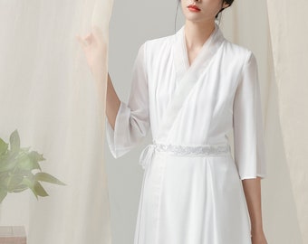 Modern Chinese Hanfu,Vintage White Tang Dress, China Summer Cheongsam,Tea Ceremony旗袍 Prom, Embroidery Flower, Revival High Waist, A-Line