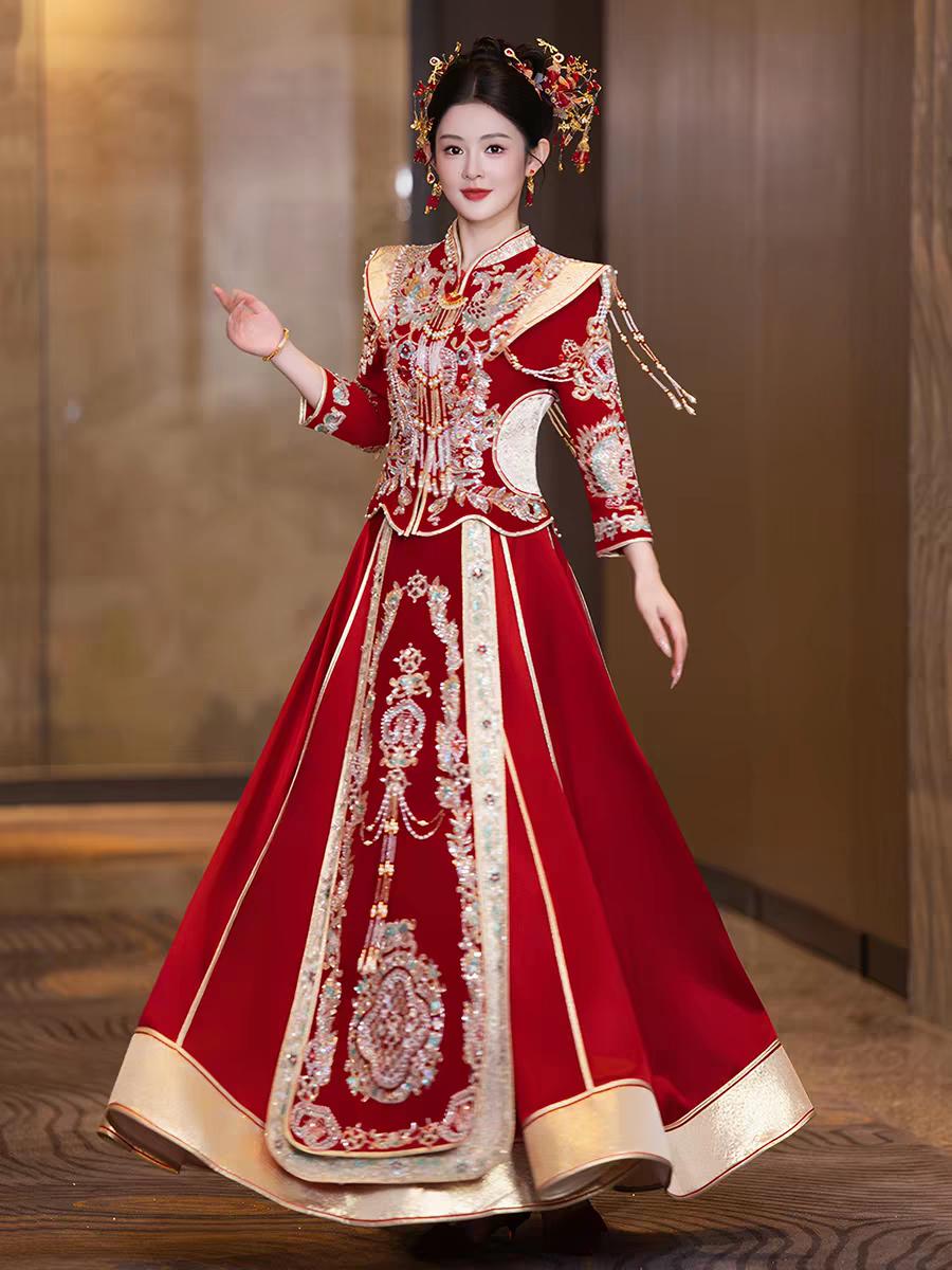 Traditional Chinese Bridal Red Wedding Xiuhe Dress, Su Embroidery