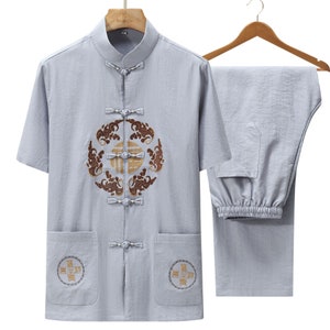 China Men&#39;s Tang Suit, Taichi Jacket+Pants, Open String Chinese Hanfu, Linen Home Dress, Yoga/Morning exercise, Tea Ceremony, Father&#39;s Gift