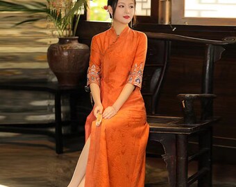 Modern China Loose Cheongsam, Vintage Lady Hanfu Dress, Tea Ceremony Prom, Daily Wear Embroidery Floral, Color Blue & Orange