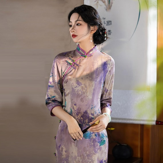 Traditional Chinese Fall Winter Christmas Qipao Outfit, Lunar New year Tang Purple& Blue Dress, Stylish Dress CNY Size S-3XL