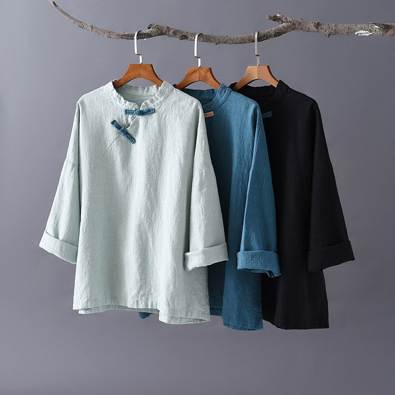 modern chinese dress shirt China Tang Suit Girl's Top Shirt, Modern Chinese Hanfu Style, Liziqi Loose Pure Linen Shirt,Green/Black/Blue; Mandarin Pankou Opening