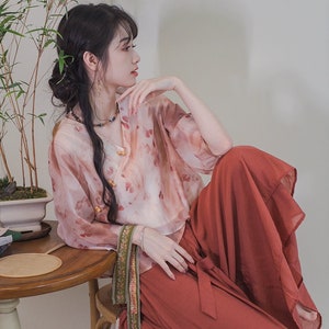 Doveyaf New Rare Design Modern China Hanfu Top+Wide Pants, China Song Dynasty Cultural Art Revival For Summer traveling, Beach Shooting