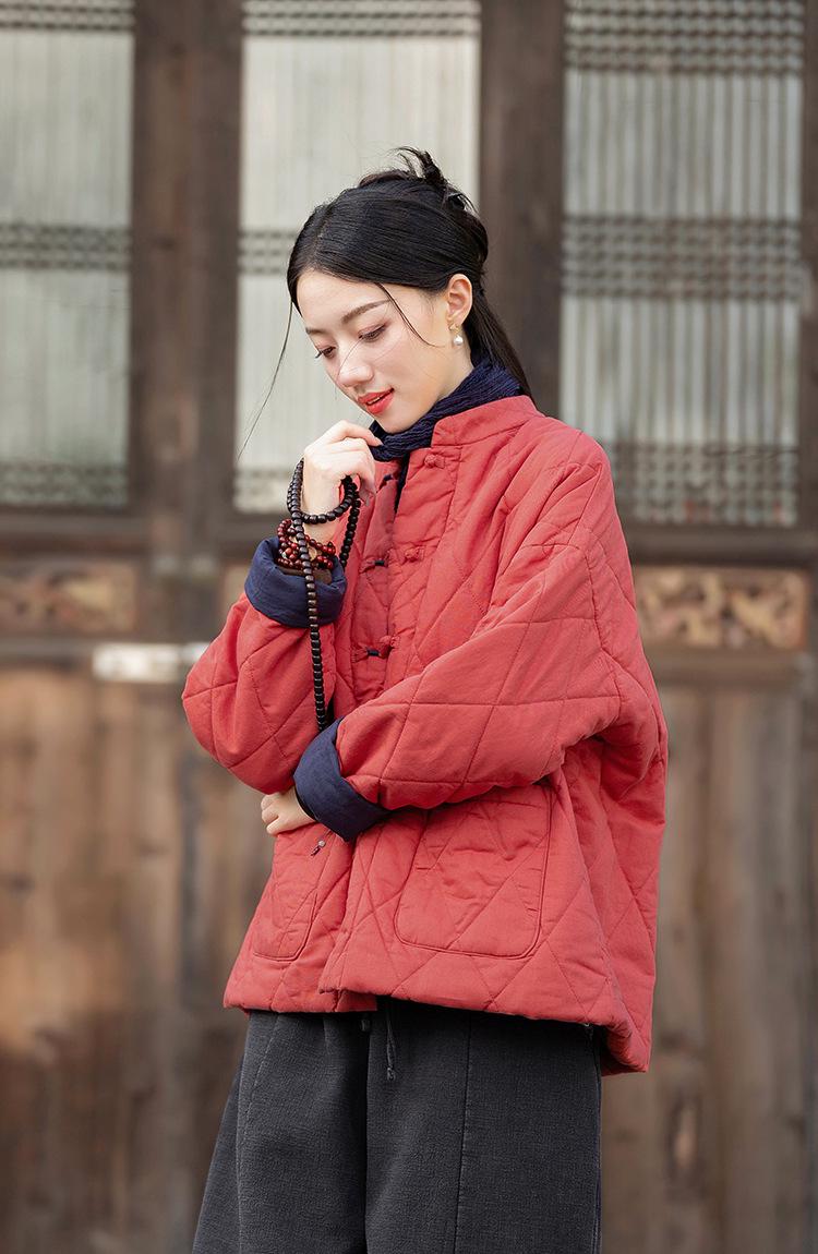 China Tang CNY Christmas Woman Coat, Spring Thick Jacket, Literary Worn-Out Loose Jacket Liziqi Fashion,Pankou Front Open Red & Beige Color