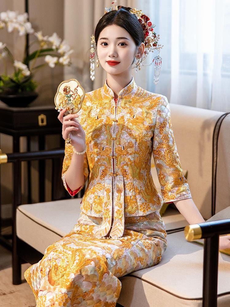 Exceptional High Quality Design, Traditional Chinese Bridal Royal Golden Luxury Wedding Xiuhe Gown Dress, Embroidery Pattern, Top +Skirt