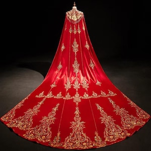 China Bridal Long Trail Cape, 霞披Kasumi Cape For Winter Anti Cold, Traditional Chinese Bridal Red Wedding Cloak, Bridal Vail
