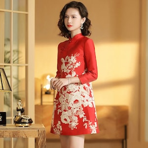 Classic China Red Cheongsam,Chinese Vintage Wedding Dress, Bridal Dress,Tea Ceremony Dress, Autumn Fall 旗袍 Shanghai Woman,Elegant Red Carpet