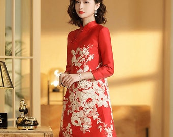 Classic China Red Cheongsam,Chinese Vintage Wedding Dress, Bridal Dress,Tea Ceremony Dress, Autumn Fall 旗袍 Shanghai Woman,Elegant Red Carpet