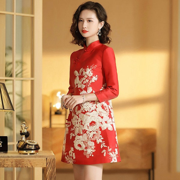 Classic China Red Cheongsam,Chinese Vintage Wedding Dress, Bridal Dress,Tea Ceremony Dress, Autumn Fall 旗袍 Shanghai Woman,Elegant Red Carpet