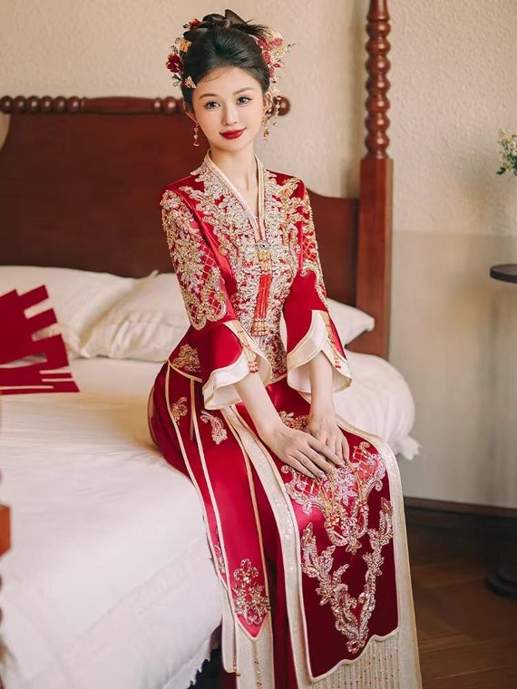 fitted lace wedding dress Red Chinese Wedding Dress, Red Qipao Prom Dress, Wedding Qipao Dress Wine Red / L main image 0