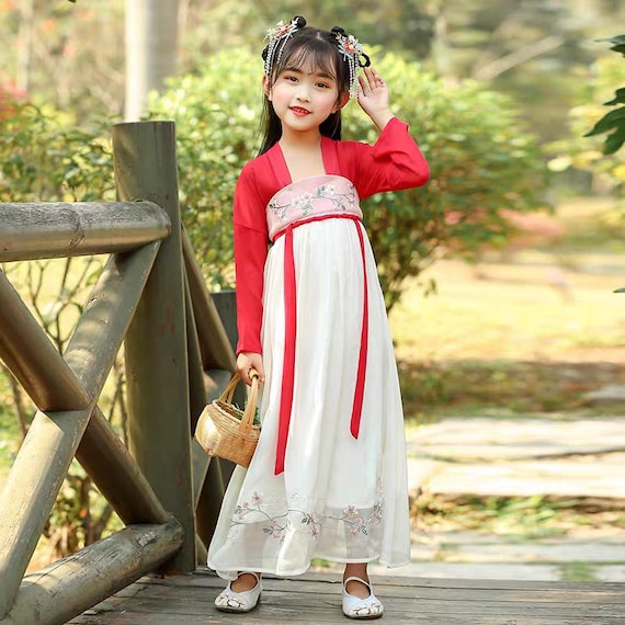 Girls' Embroidered Hanfu Dress, Traditional Chinese Costume, CNY Red