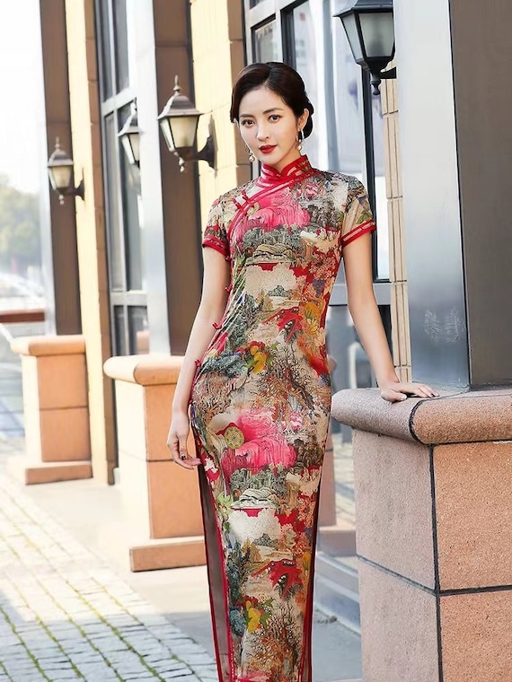 chinese dress ladies Green White Lace Cheongsam Qipao