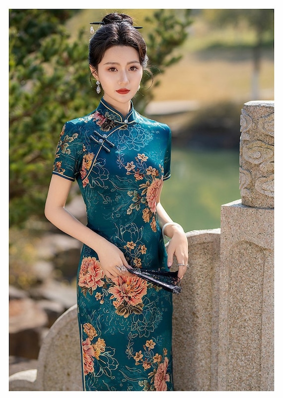 New China Cheongsam, Classic Jacquard Flower Blue Qipao,tea Ceremony,  Mother Gown Dress for Wedding, Size M-5XL - Etsy
