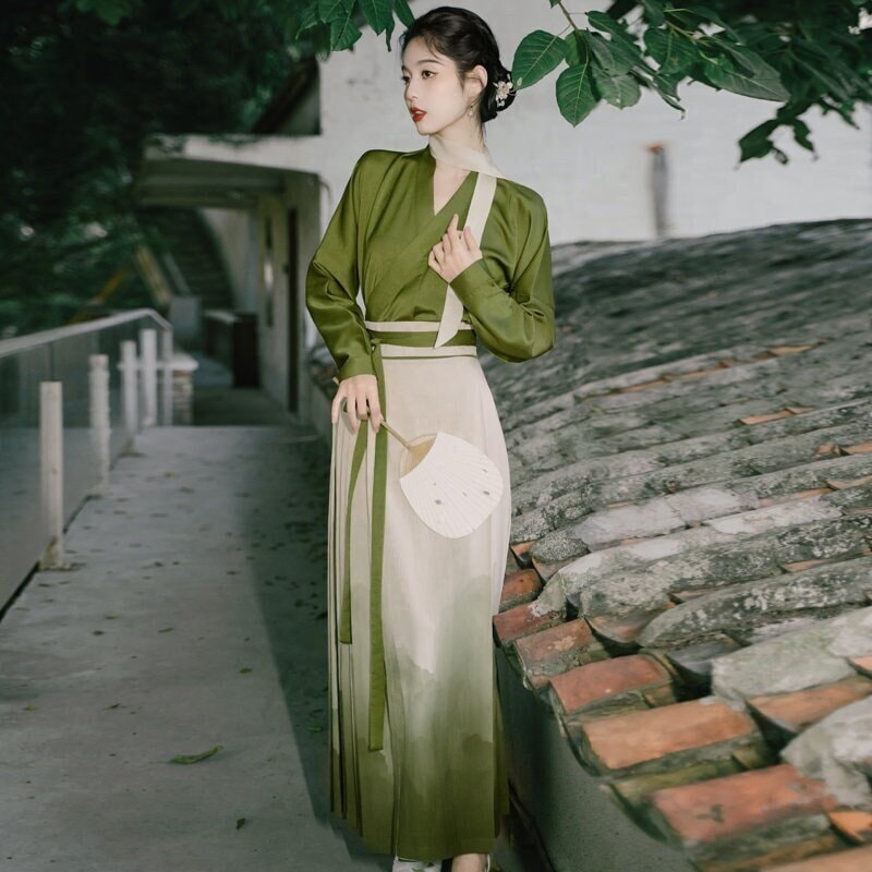 New Design Modern China Hanfu Suit,Green Top+Beige Skirt, 2 pieces Art Revival China Han Dynasty Costume For Girls, Named《采草子》