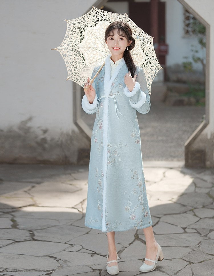 Classic Chinablue Cheongsam Jacket, Hairy Sleeves Long Coat Classic Chinablue Cheongsam Jacket, Hairy Sleeves Long Coat